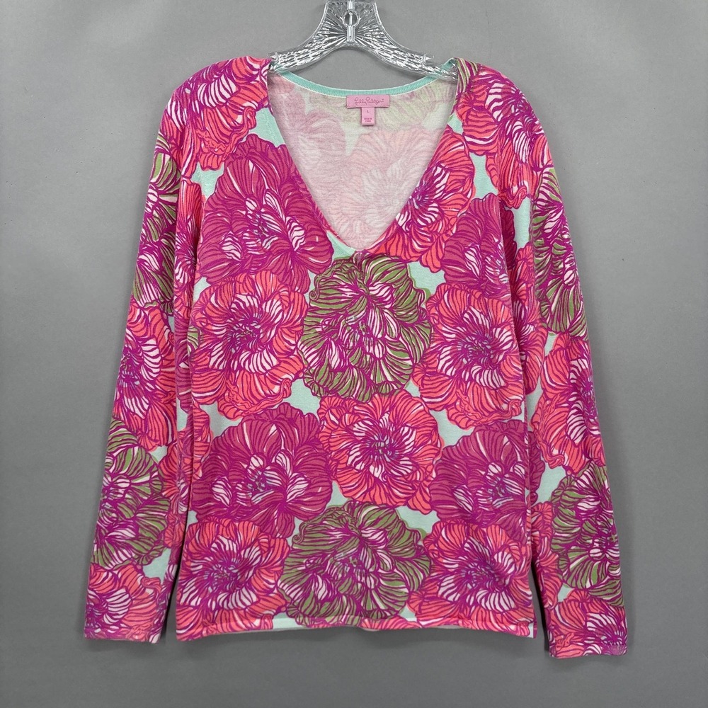 Lilly Pulitzer Pullover Sweater Womens Large Pink Green Floral Top Adelaide Knit
